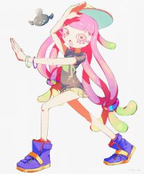 Rule 34 | 1girl, :o, baseball cap, black shirt, blue footwear, bracelet, clownfish, colored eyelashes, commentary, drooling, fish, full body, gradient hair, green hair, hair ornament, hair scrunchie, hand on own head, harmony&#039;s clownfish (splatoon), harmony (splatoon), hat, highres, jewelry, long hair, miniskirt, mouth drool, multicolored hair, nintendo, open mouth, outstretched arms, pink hair, pink pupils, pppmepl, print shirt, scrunchie, shirt, short sleeves, skirt, solo, splatoon (series), splatoon 3, striped clothes, striped headwear, symbol-only commentary, tentacle hair, tilted headwear, very long hair, white background, yellow eyes, yellow skirt