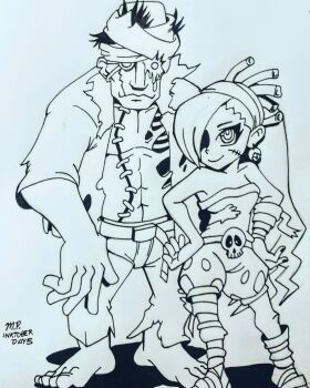 1boy 1girl 2023 artist_name artofmichaelpeters bandaged_leg bandages bandaid bandaid_on_face barefoot belt bloomers breasts closed_mouth commentary earrings english_commentary full_body hair_over_one_eye hairband hairdressing hands_on_own_hips heart highres house_of_the_dead house_of_the_dead_ex injury inktober jacket jewelry logo looking_at_viewer missing_eye muscular muscular_male nail_polish no_shirt one_eye_covered open_clothes open_jacket open_shirt pants sega shadow simple_background size_difference skull_belt small_breasts smile stitched_mouth stitches torn_clothes underwear walking zobiko zobio zombie zombie_girl