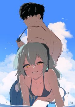 1boy 1girl absurdres antonina_(neural_cloud) bent_over bikini black_bikini black_hair blue_eyes blue_shorts blue_sky breasts clenched_teeth closed_mouth cloud cloudy_sky collarbone commentary girls&#039;_frontline girls&#039;_frontline_neural_cloud headphones highres long_hair looking_at_viewer male_professor_(neural_cloud) medium_breasts partially_submerged professor_(neural_cloud) ryunosuke_nikaido short_hair shorts simple_bird sky smile swimsuit symbol-only_commentary teeth yellow_eyes