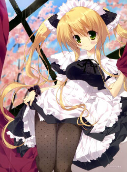 1girl absurdres black_pantyhose blonde_hair blurry blush clothes_lift depth_of_field female_focus green_eyes headdress highres laces long_hair original pantyhose patterned_legwear polka_dot polka_dot_legwear puppet_strings ribbon frilled_shirt sidelocks skirt skirt_lift smile solo thighhighs tsurusaki_takahiro twintails