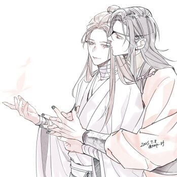 Rule 34 | 2boys, bandaged arm, bandaged neck, bandages, bishounen, black hair, black nails, bracelet, brown hair, bug, butterfly, chinese clothes, closed eyes, commentary request, couple, dated, eyelashes, hair bun, hanfu, highres, holding hands, hua cheng, hug, hug from behind, insect, jewelry, kiss, kissing cheek, long hair, long sleeves, looking at another, male focus, multiple boys, nail polish, necklace, pale color, pointy ears, red hanfu, robe, silver bracelet, silver necklace, simple background, single hair bun, smile, tianguan cifu, twitter username, upper body, white background, white hanfu, wide sleeves, xie lian, yaoi, ykmr (haga)