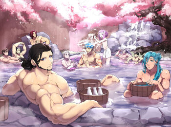 Rule 34 | 6+boys, aqua eyes, aqua hair, bathing, beard, black hair, blue eyes, brown hair, bucket, chatan nakiri, cherry blossoms, chiyoganemaru, doudanuki masakuni, earrings, closed eyes, facial hair, godoo, hair bun, jewelry, long sideburns, looking back, male focus, multiple boys, muscular, naked towel, nenekirimaru, nihongou (touken ranbu), onsen, open mouth, otegine, pectorals, petals, pink hair, pouring, purple hair, red hair, sengo muramasa (touken ranbu), sideburns, silver hair, single hair bun, smile, stud earrings, tattoo, tokkuri, tonbokiri (touken ranbu), touken ranbu, towel, towel on head, tree, water, yamabushi kunihiro, yamanbagiri chougi, yellow eyes