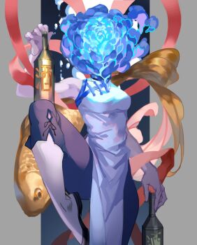 1girl black_pants blue_flower blue_rose boots bottle breasts china_dress chinese_clothes commentary dress english_commentary flower flower_head highres holding holding_bottle knee_up lydialing_draws medium_breasts object_head original pants pelvic_curtain rose sleeveless sleeveless_dress solo white_boots white_dress