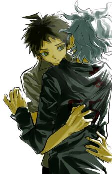 Rule 34 | 2boys, ahoge, brown hair, danganronpa (series), danganronpa 2: goodbye despair, dzihuaten, expressionless, from behind, green eyes, green jacket, hands on another's back, hands up, highres, hinata hajime, hug, jacket, komaeda nagito, long sleeves, looking at another, looking to the side, messy hair, multiple boys, number print, shirt, short hair, short sleeves, white background, white hair, white shirt, yaoi