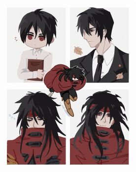 1boy aged_down armored_boots autumn_leaves batphone1939 black_hair black_jacket black_necktie book boots cloak closed_eyes closed_mouth collared_shirt commentary final_fantasy final_fantasy_vii gauntlets hair_between_eyes headband highres holding holding_book jacket leaf long_hair male_focus multiple_boys multiple_views necktie red_cloak red_eyes red_headband shirt short_hair single_gauntlet spiked_hair symbol-only_commentary turks_(ff7) upper_body vincent_valentine white_shirt