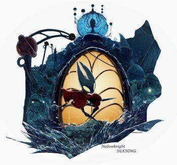 1girl absurdres arthropod_girl artist_name backlighting ben-day_dots cloak commentary copyright_name english_commentary english_text film_grain glowing glowing_eyes highres hightguy holding holding_behind_back holding_weapon holding_weapon_behind_back hollow_knight hollow_knight:_silksong hollow_knight:_silksong_-_sea_of_sorrow hornet_(hollow_knight) horns looking_at_viewer needle_(hollow_knight) red_cloak screentones simple_background solo water weapon white_background window window_light