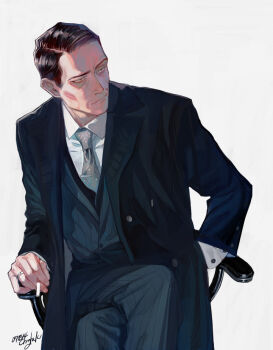 1boy black_coat black_eyes black_hair black_pants black_vest chair character_request cigarette coat collared_shirt copyright_request crossed_legs ctkcave formal_clothes grey_necktie holding holding_cigarette jewelry looking_to_the_side male_focus mature_male necktie old old_man on_chair pants parted_hair ring shirt short_hair simple_background sitting solo suit vest white_background white_shirt