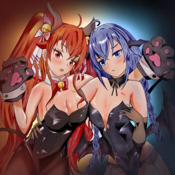 2girls absurdres alternate_hairstyle animal_ears blue_eyes blue_hair blush braid breasts cat_ears cat_paws cat_tail cleavage eris_greyrat half-closed_eyes hand_on_own_chest highres large_breasts legs leotard long_hair looking_at_viewer multiple_girls mushoku_tensei pantyhose parted_lips red_eyes red_hair roxy_migurdia tail thighs tongue twin_braids twintails very_long_hair
