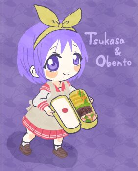 1girl apron bento blush brown_shoes character_name highres hiiragi_tsukasa holding_bento lucky_star pleated_skirt purple_background purple_eyes purple_hair red_sailor_collar red_skirt ryouou_school_uniform sailor_collar school_uniform shadow shoes short_hair skirt smile sugawa_ran