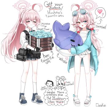 1girl ? ahoge ammunition_pouch artist_name bikini black_gloves black_skirt blue-tinted_eyewear blue_archive blue_eyes blue_jacket blue_necktie blue_shorts box bulletproof_vest closed_eyes commentary doodle_inset doodle_sensei_(blue_archive) english_commentary english_text eyewear_on_head fingerless_gloves food_packaging frilled_bikini frills full_body gloves hair_bobbles hair_ornament halo heart heterochromia highres holding holding_box hoshino_(armed)_(blue_archive) hoshino_(blue_archive) hoshino_(swimsuit)_(blue_archive) inflatable_toy inflatable_whale jacket long_hair low_twintails multiple_views necktie official_alternate_costume orange_eyes ougiikun pink_hair pink_halo plaid_clothes plaid_skirt pleated_skirt ponytail pouch sandals school_uniform sensei_(blue_archive) shirt shorts simple_background skirt smile socks speech_bubble spoken_heart spoken_question_mark standing sunglasses swimsuit tactical_school_uniform thought_bubble tinted_eyewear twintails variations very_long_hair white-framed_eyewear white_background white_bikini white_sandals white_shirt white_socks