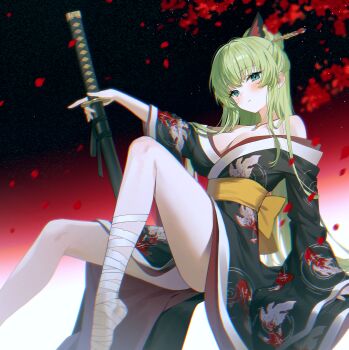 1girl absurdres bare_shoulders black_kimono blonde_hair blush breasts cleavage closed_mouth commentary commission falling_petals floral_print floral_print_kimono flower fymrie green_hair hair_ornament hair_stick highres holding holding_sword holding_weapon invisible_chair japanese_clothes katana kimono knee_up large_breasts leg_wrap long_hair looking_at_viewer obi off_shoulder original petals print_kimono red_eyes sash sitting slit_pupils solo sword symbol-only_commentary thighs very_long_hair weapon wide_sleeves yellow_sash
