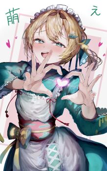 Rule 34 | 1girl, apron, blonde hair, blue eyes, blush, bow, commentary request, cowboy shot, double-parted bangs, green kimono, hair ornament, hands up, heart, heart hands, heart in heart hands, highres, hololive, japanese clothes, kazama iroha, kimono, leaf hair ornament, long sleeves, looking at viewer, maid, maid apron, open mouth, pink background, red sash, sash, short hair, smile, solo, translation request, virtual youtuber, wa maid, white apron, xue lian wa noel, yellow bow
