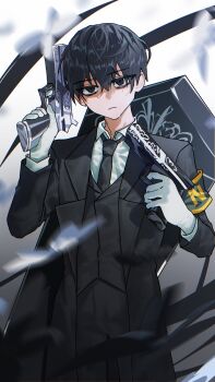 1boy bag black_eyes black_hair black_necktie black_suit blurry blurry_foreground bug butterfly closed_mouth collared_shirt dual_wielding e.g.o_(project_moon) formal_clothes gun hashtag-only_commentary highres holding holding_gun holding_weapon insect limbus_company lobotomy_corporation_(identity)_(project_moon) looking_at_viewer male_focus necktie project_moon shirt short_hair solemn_lament_(e.g.o) solo standing suit uicy8 weapon white_background white_butterfly white_shirt yi_sang_(project_moon)
