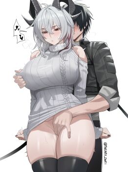 1boy 1girl absurdres ahoge bare_shoulders black_hair black_horns black_jacket black_nails black_tail blush breasts clothes_lift clothing_cutout commentary curled_horns dress dress_lift english_commentary fingering fingernails grey_dress hair_between_eyes hetero highres horns huge_breasts jacket long_hair male_rover_(wuthering_waves) multicolored_hair nail_polish nipple_stimulation nipple_tweak nipple_tweak_through_clothes no_panties official_alternate_costume parted_lips pussy_juice red_eyes rover_(wuthering_waves) shoulder_cutout simple_background streaked_hair sweat sweater sweater_dress tail thighs turtleneck turtleneck_dress twentytwo_(twenty_zwei) twitter_username white_background wuthering_waves zani_(downtown_repose)_(wuthering_waves) zani_(wuthering_waves)