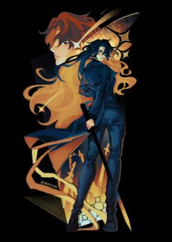 1boy 1girl black_coat black_eyes black_hair black_shirt coat colored_inner_hair dual_persona evie_(baoxiao) genderswap genderswap_(mtf) hand_on_own_hip highres holding holding_sword holding_weapon long_hair looking_at_viewer looking_back multicolored_hair multiple_swords official_alternate_costume omniscient_reader's_viewpoint open_clothes open_coat planted planted_sword planted_weapon shirt shooting_star sword weapon wind wind_lift yoo_joonghyuk