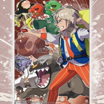 1boy artist_name arven_(pokemon) backpack bag blue_vest brown_hair buck_teeth character_name clenched_hand cloyster collared_shirt commentary company_name copyright_notice english_commentary eyelashes fangs from_side garganacl gen_1_pokemon gen_8_pokemon greedent green_eyes grin highres holding holding_poke_ball instagram_username mabosstiff male_focus medium_hair merchandise_available multicolored_hair naranja_academy_school_uniform necktie nintendo nostrils official_style open_clothes open_mouth open_vest orange_necktie orange_pants outline pants poke_ball poke_ball_(basic) pokemon pokemon_(creature) pokemon_sv school_uniform scovillain sharp_teeth shirt smile striped_clothes striped_pants teeth toedscruel tom_higgins tongue two-tone_hair vertical-striped_clothes vertical-striped_pants vest watermark white_outline white_shirt yellow_bag