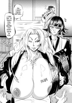 2boys 2girls absurdres black_hair bleach blush chain chain_necklace collarbone crossed_arms english_text folding_fan hand_fan haori hat highres indoors inktober japanese_clothes jealous jewelry long_hair matsumoto_rangiku medium_hair mole mole_under_mouth monochrome multiple_boys multiple_girls necklace nipple_slip nipples paizuri rickyxstudio shawl shihakusho speech_bubble sui-feng urahara_kisuke