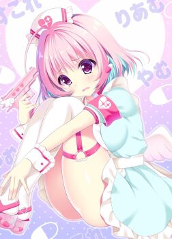 1girl ahoge aiming angel_wings apron aqua_dress aqua_hair armband blush breasts character_name choker colored_inner_hair dress earrings fang fanged_bangs fingernails frilled_apron frills gradient_background gun handgun hat heart heart_o-ring heart_print holding holding_gun holding_weapon idolmaster idolmaster_cinderella_girls idolmaster_cinderella_girls_starlight_stage jewelry knees_up large_breasts medium_hair multicolored_hair nurse_cap o-ring o-ring_thigh_strap open_mouth pill_earrings pink_armband pink_background pink_choker pink_eyes pink_hair pink_shoes pointing pointing_at_self revolver shoes short_sleeves sitting solo sparkle_print thigh_strap thighhighs thighs two-tone_hair weapon white_apron white_hat white_thighhighs white_wings white_wrist_cuffs wings wrist_cuffs yumemi_riamu yuyumatsu