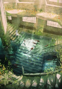 1girl abandoned absurdres artist_name commentary_request day fish flower grey_hair highres indoors koi lily_pad long_hair nao1524 orange_flower original overgrown railing scenery sitting sitting_on_stairs soaking_feet solo stairs sunlight very_long_hair very_wide_shot water window