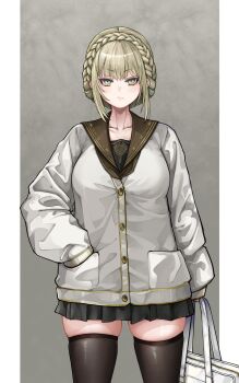 Rule 34 | 1girl, alternate costume, bag, black sailor collar, black skirt, black thighhighs, blonde hair, blush, braid, buttons, closed mouth, commentary request, contemporary, crown braid, elden ring, elden ring: shadow of the erdtree, hand in pocket, highres, holding, holding bag, jacket, long sleeves, looking at viewer, miniskirt, needle knight leda, pillarboxed, pocket, sailor collar, school bag, school uniform, short hair, skirt, solo, thighhighs, thighs, white bag, white jacket, xoo (pixiv 100957810), yellow eyes