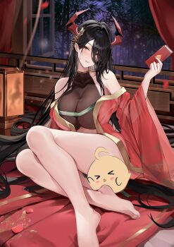 Rule 34 | 1girl, absurdres, azur lane, bare shoulders, barefoot, black hair, breasts, cleavage, collarbone, commentary, dress, falling petals, feet, friedrich der grosse (azur lane), friedrich der grosse (boudoir's lingering flame) (azur lane), gold trim, hair between eyes, hair ornament, hair over one eye, hair spread out, hand up, head tilt, highres, holding, horns, indoors, lantern, large breasts, laurels, legs, light particles, long hair, long hair between eyes, long sleeves, looking at viewer, mechanical horns, night, off shoulder, official alternate costume, open window, parted lips, petals, print sleeves, railing, red dress, red horns, red petals, see-through cleavage, see-through clothes, see-through sleeves, sijinni, sitting, smile, solo, sweat, thighs, toes, tree, underboob, very long hair, wide sleeves, window, wooden railing, yellow eyes