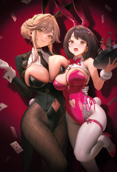 2girls 95_(jiuwujiang) ade_(agent_bunny)_(nikke) ade_(nikke) animal_ear_hairband animal_ears black_choker black_coat black_leotard black_necktie black_pantyhose blonde_hair blush bow bowtie braid breasts brown_hair bun_with_braided_base choker cleavage clothing_cutout clover_pin coat commentary earpiece eyewear_hang fake_animal_ears fake_tail fishnet_pantyhose fishnets floating_card gloves goddess_of_victory:_nikke green_eyes hair_bun hair_intakes hairband heart_cutout highleg highleg_leotard highres holding holding_tray huge_breasts large_breasts leg_warmers leotard looking_at_viewer milk_(blooming_bunny)_(nikke) milk_(nikke) multiple_girls navel navel_cutout necktie official_alternate_costume official_alternate_hairstyle open_mouth pantyhose pink_bow pink_bowtie pink_leg_warmers pink_leotard playboy_bunny poker_chip rabbit_ear_hairband rabbit_ears rabbit_tail red_eyes short_hair shrug_(clothing) sidelocks single_hair_bun skindentation smile standing standing_on_one_leg sweat tail tie_clip tray undersized_breast_cup unworn_eyewear white_gloves white_pantyhose white_shrug white_wrist_cuffs wrist_cuffs