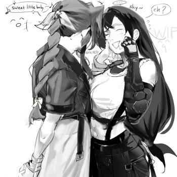 +++ ... 2girls 4k1030 aerith_gainsborough arm_behind_back bare_shoulders black_hair black_skirt bracelet braid braided_ponytail breasts closed_eyes commentary cowboy_shot crop_top cropped_jacket dress elbow_gloves english_commentary english_text facing_another final_fantasy final_fantasy_vii final_fantasy_vii_remake flying_sweatdrops gloves greyscale hair_ribbon hand_on_another&#039;s_cheek hand_on_another&#039;s_face highres jewelry light_blush long_hair low-tied_long_hair medium_breasts midriff monochrome multiple_girls music musical_note open_mouth ponytail ribbon short_sleeves shy singing single_arm_guard skirt speech_bubble spoken_ellipsis suspender_skirt suspenders tank_top tifa_lockhart twitter_username white_tank_top yuri