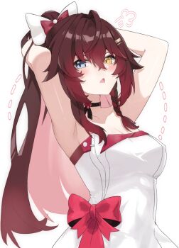 1girl aether_gazer armpits arms_behind_head black_choker blue_eyes blush bow braid breasts brown_hair choker crossed_bangs dress dress_bow gradient_hair hair_bow heterochromia high_ponytail hururu_(vldptmxk1054) long_hair looking_at_viewer medium_breasts multicolored_hair open_mouth ponytail red_bow red_hair simple_background sleeveless sleeveless_dress solo triangle_mouth upper_body verthandi_(aether_gazer) white_background white_bow white_dress yellow_eyes