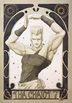 1boy armpits arms_up artist_name broken_heart bunbun_hop card_(medium) earrings flattop grey_eyes grey_hair heart highres jean_pierre_polnareff jewelry jojo_no_kimyou_na_bouken looking_at_viewer male_focus painting_(medium) solo standing stardust_crusaders tarot tarot_(medium) the_chariot_(tarot) toned traditional_media watercolor_(medium)