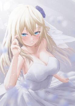 1girl absurdres blonde_hair blue_eyes blue_flower blue_rose blush breasts bridal_veil cleavage collarbone commentary_request crossed_bangs dress flower grey_background hair_between_eyes hair_flower hair_ornament highres large_breasts long_hair looking_at_viewer manase_yua project_blue_(vtuber) rose skirt_hold sleeveless sleeveless_dress smile solo strapless strapless_dress tanu_(ace_ikachan) upper_body veil virtual_youtuber wedding_dress white_dress white_veil