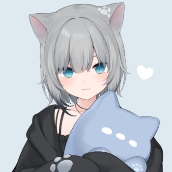 Rule 34 | 1girl, amashiro natsuki, animal ears, black camisole, black hair, black jacket, blue eyes, camisole, cat ears, closed mouth, collarbone, eyebrows hidden by hair, grey background, hair between eyes, heart, hood, hood down, hooded jacket, indie virtual youtuber, jacket, long sleeves, looking at viewer, nachoneko, puffy long sleeves, puffy sleeves, simple background, sleeves past fingers, sleeves past wrists, solo, stream, upper body, virtual youtuber