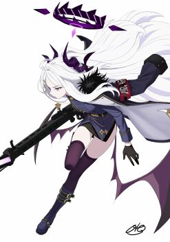 Rule 34 | 1girl, absurdres, ahoge, armband, black coat, black gloves, black skirt, black thighhighs, blue archive, breasts, coat, coat on shoulders, commentary request, demon girl, demon horns, demon wings, gloves, gun, highres, hina (blue archive), holding, holding gun, holding weapon, horns, long hair, low wings, machine gun, mg42, oto jampan, purple eyes, red armband, simple background, skirt, small breasts, solo, standing, thighhighs, thighs, very long hair, weapon, white background, white hair, wings