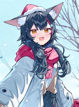 1girl absurdres animal_ear_fluff animal_ears black_hair black_skirt blue_sky brown_eyes cardigan coat commentary cowboy_shot deaver fur-trimmed_headwear fur_trim gloves hair_ornament hair_over_shoulder hat highres hololive long_hair long_sleeves looking_at_viewer low_twintails multicolored_hair ookami_mio ookami_mio_(street) open_cardigan open_clothes open_coat open_mouth outdoors pleated_skirt red_gloves red_hat red_scarf red_streaks santa_hat scarf skirt sky snowing solo star_(symbol) star_hair_ornament streaked_hair twintails two-tone_hair virtual_youtuber white_coat winter_clothes wolf_ears