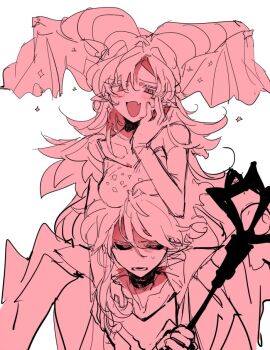 1boy 1girl :d bad_id bad_twitter_id black_sclera breast_rest breasts breasts_on_head cape colored_sclera commentary cookie_run cookie_run:_ovenbreak fang fiery_hair fire_spirit_cookie hat holding holding_staff humanization inactive_account long_hair medium_breasts moonlight_cookie moonlight_cookie_(alluring_crescent_moon) nana_(ebitokanimiso) official_alternate_costume open_mouth painttool_sai_(medium) pointy_ears red_theme short_hair simple_background sketch skin_fang smile smug staff symbol-only_commentary white_background