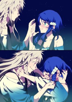 1boy 1girl bad_id bad_twitter_id blue_eyes blue_hair blush braid constricted_pupils crazy_smile crying crying_with_eyes_open grabbing_another&#039;s_hair grey_hair hair_ornament heart heart_hair_ornament highres holding_another&#039;s_hair image_sample inactive_account king_of_prism long_hair looking_at_another multiple_views night night_sky nose_blush open_mouth pretty_rhythm pretty_series profile pushing_away red_eyes rinne_(pretty_rhythm) shine_(pretty_series) shirt short_hair sky smile star_(sky) starry_sky tears twitter_sample upper_body zashima