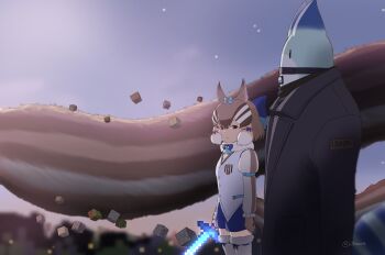 Rule 34 | 1girl, absurdres, animal ear fluff, beleven, chipmunk costume, chipmunk ears, chipmunk girl, highres, kemono friends, kemono friends v project, looking at viewer, lucky beast (kemono friends), minecraft sword, siberian chipmunk (kemono friends), simple background, solo, sword, virtual youtuber
