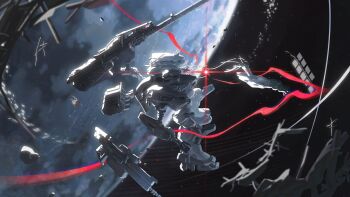 621_(armored_core_vi) armored_core armored_core_vi:_fires_of_rubicon ayre_(armored_core_vi) battle_damage debris full_body gun highres in_orbit la_bo_chu_shi loader_4 mecha mecha_focus missile_pod no_humans planet robot science_fiction shoulder_cannon space weapon zero_gravity