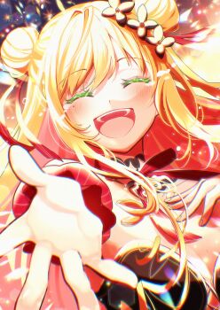 1girl :d absurdres blonde_hair breasts chromatic_aberration cleavage closed_eyes commentary_request crying double_bun flower hair_bun hair_flower hair_ornament hand_on_own_chest highres lens_flare medium_breasts miicuro_o mole mole_on_breast mole_under_eye nijisanji nijisanji_kr open_mouth reaching reaching_towards_viewer seffyna seffyna_(1st_costume) smile solo sparkle virtual_youtuber