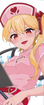 1girl :d absurdres alternate_costume belt blonde_hair bow breasts clipboard clothing_cutout dress flandre_scarlet gotoh_(nekocat) hair_bow hat heart heart_cutout heart_print highres long_hair looking_at_viewer nurse nurse_cap one_side_up open_mouth pink_dress pink_hat red_belt red_bow red_eyes scan short_sleeves simple_background small_breasts smile solo third-party_source touhou upper_body white_background wings