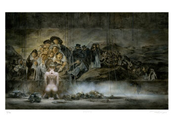 Rule 34 | 1girl, a pilgrimage to san isidro, ass, barefoot, boots, border, completely nude, francisco goya, from behind, hair bun, helmet, highres, luis royo, mural, nude, original, signature, single hair bun, sitting, soles, solo, unworn boots, unworn headwear, unworn helmet, white border