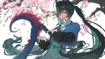 Rule 34 | 1girl, absurdres, arknights, arknights: endfield, black hair, blue coat, chen qianyu (arknights), coat, dragon girl, dragon horns, dragon tail, dress, eastern dragon horns, eastern dragon tail, gloves, green eyes, highres, horns, long hair, looking at viewer, low twintails, mansahyeong, multicolored gloves, open clothes, open coat, open mouth, peach blossom, solo, tail, twintails, two-tone gloves, upper body, white background, white dress