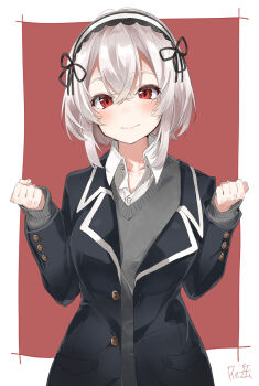 1girl azur_lane bad_id bad_pixiv_id blush button clenched_hands closed_mouth collarbone collared_shirt commentary_request crossed_bangs female_focus grey_sweater hair_between_eyes hair_ribbon hairband hands_up head_tilt highres jacket lace-trimmed_hairband lace_trim long_sleeves looking_at_viewer messy_clothes nose_blush partially_unbuttoned red_background red_eyes ribbon shirt short_hair sidelocks signature sirius_(azur_lane) slit_pupils smile solo standing sweater white_hair white_shirt xretakex