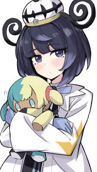 1girl black_hair black_shirt blue_gloves blush bob_cut canari_plush_(pokemon) character_doll closed_mouth coat doll gloves gougoku gwynn_(pokemon) hat highres holding holding_doll long_sleeves looking_at_viewer mega_stone nintendo open_clothes open_coat partially_fingerless_gloves pokemon pokemon_legends:_z-a purple_eyes shirt short_hair solo upper_body white_background white_coat