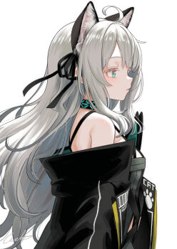 1girl absurdres ahoge animal_ears arknights black_ribbon breasts cat_ears cat_girl closed_mouth commentary_request extra_ears from_side grey_hair hair_ribbon highres infection_monitor_(arknights) jacket long_hair long_sleeves mint_(arknights) off_shoulder profile ribbon simple_background small_breasts solo thick_eyelashes welt_(kinsei_koutenkyoku) white_background white_jacket