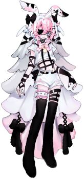 1girl absurdres ahoge animal_ears black_gloves black_thighhighs blue_eyes bow bowtie closed_mouth cloud_(lufaeris) commentary eyepatch fake_animal_ears fingerless_gloves frilled_thigh_strap full_body gloves heart heart_eyepatch highres looking_at_viewer medium_hair midriff no_shoes original pink_bow pink_bowtie pink_hair rabbit_ears shirt short_sleeves shorts smile swept_bangs symbol-only_commentary thigh_strap thighhighs veil white_shirt white_shorts white_veil