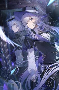 Rule 34 | 1boy, 1girl, absurdres, belt, black background, black belt, black gloves, black hat, black pantyhose, black shorts, blue eyes, breasts, closed mouth, commentary request, criss-crossed composition, detective (silver palace), different reflection, drill hair, drill ponytail, drill sidelocks, fedora, female detective (silver palace), gloves, gun, hat, highres, holster, holstered, kiskil-llira, light particles, long hair, long sleeves, male detective (silver palace), mirror, pantyhose, purple hair, red pupils, reflection, shards, short shorts, shorts, sidelocks, silver palace, solo focus, thigh holster, two-sided fabric, two-sided headwear, very long hair, vest, waistcoat, weapon