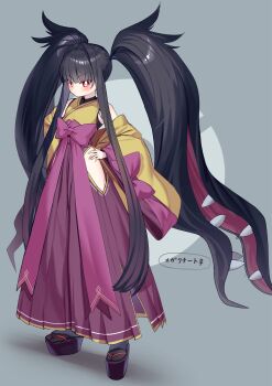 1girl big_hair black_hair closed_mouth commentary_request extra_mouth gen_3_pokemon highres humanization long_hair looking_at_viewer mawile mega_mawile mega_pokemon moti_yousei nintendo personification pokemon red_eyes sharp_teeth simple_background solo standing teeth very_long_hair