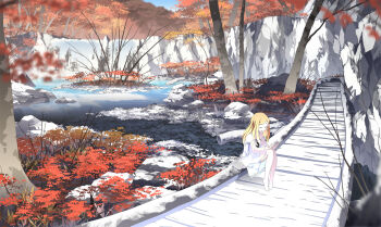 1girl asakura_masatoki autumn barefoot blonde_hair blurry bridge depth_of_field dress female_focus highres leaf long_hair original path reflection road scenery solo tree water