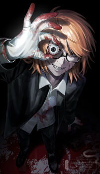 1boy black-framed_eyewear black_pants blood blood_on_face blood_on_gloves blood_on_ground collared_shirt commentary_request eyeball fangs from_above gakuran glasses gloves grin highres holding holding_eyeball jacket looking_at_viewer male_focus medium_hair nil_(pixiv_53614557) open_clothes open_jacket orange_hair pants randal's_friends randal_ivory rectangular_eyewear school_uniform shirt smile standing watermark white_gloves white_shirt