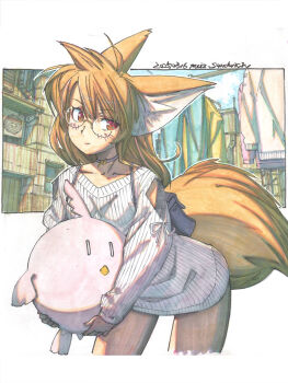 1girl ahoge air_conditioner animal animal_ear_fluff animal_ears architecture backpack bag bird blush choker clothing_cutout day dress drying drying_clothes east_asian_architecture fox_ears fox_girl fox_tail glass glasses highres holding holding_animal holding_bird industrial leaning_forward long_hair looking_to_the_side making-of_available meiz orange_hair original outdoors painting_(medium) pantyhose parted_bangs red_eyes ribbon scenery shikishi shoulder_cutout sidelocks spiked_hair sweater sweater_dress tail traditional_media watercolor_(medium) window